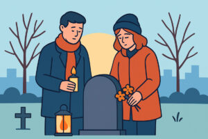 Muistohetki hautausmaalla pyhäinpäivänä ja jouluaattona